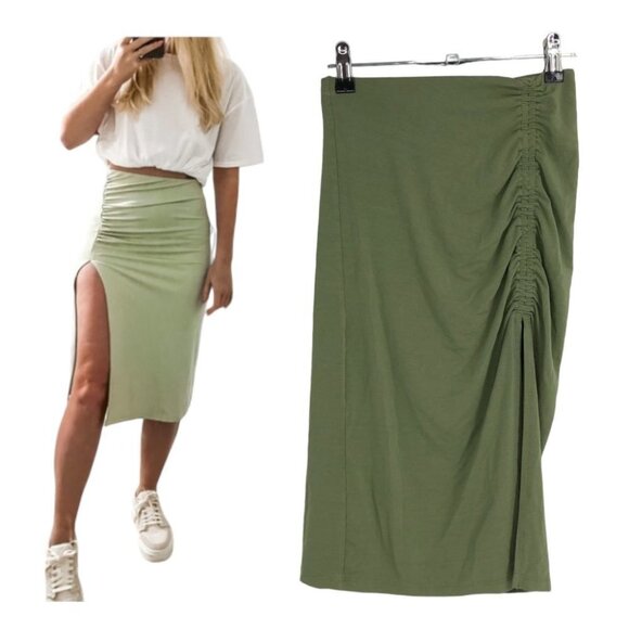 Aritzia Wilfred Free Sage Green Ruched Side Slit Midi Skirt XXS - Picture 1 of 13